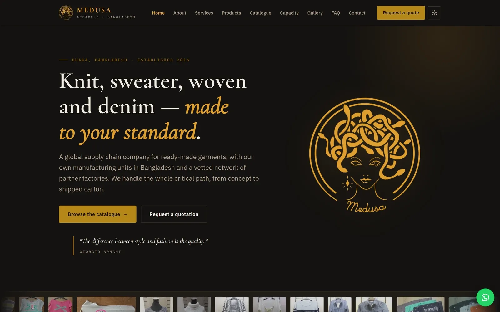 Medusa Apparels homepage, showing the hero headline and brand mark on a dark background