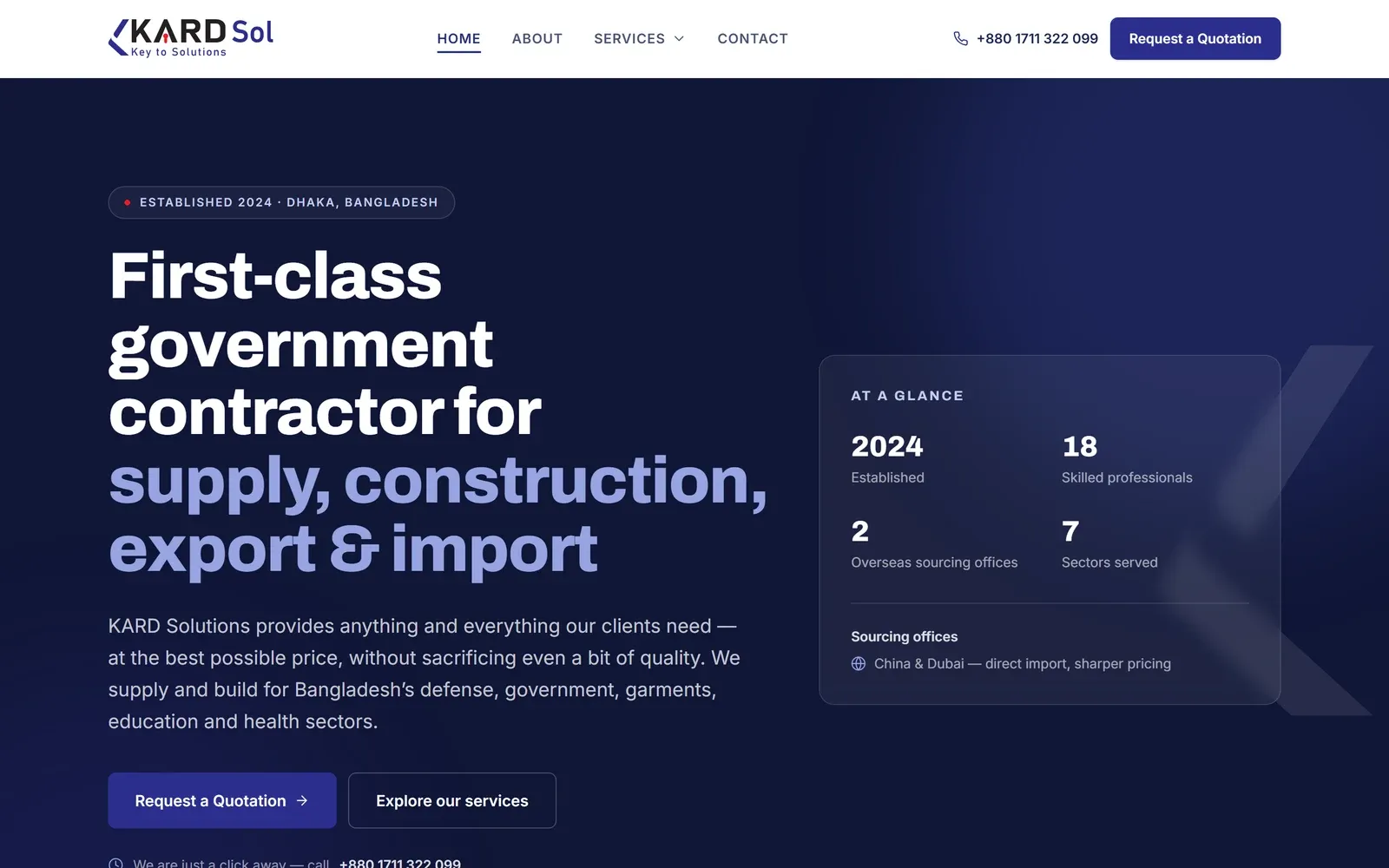 KARD Solutions homepage, showing the hero headline and an at-a-glance credentials panel