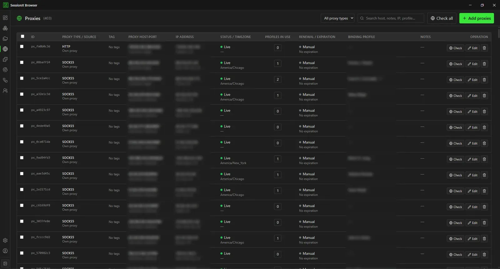 The proxy management table, listing type, status, timezone and how many profiles each endpoint is bound to. Host, address and profile columns are redacted.